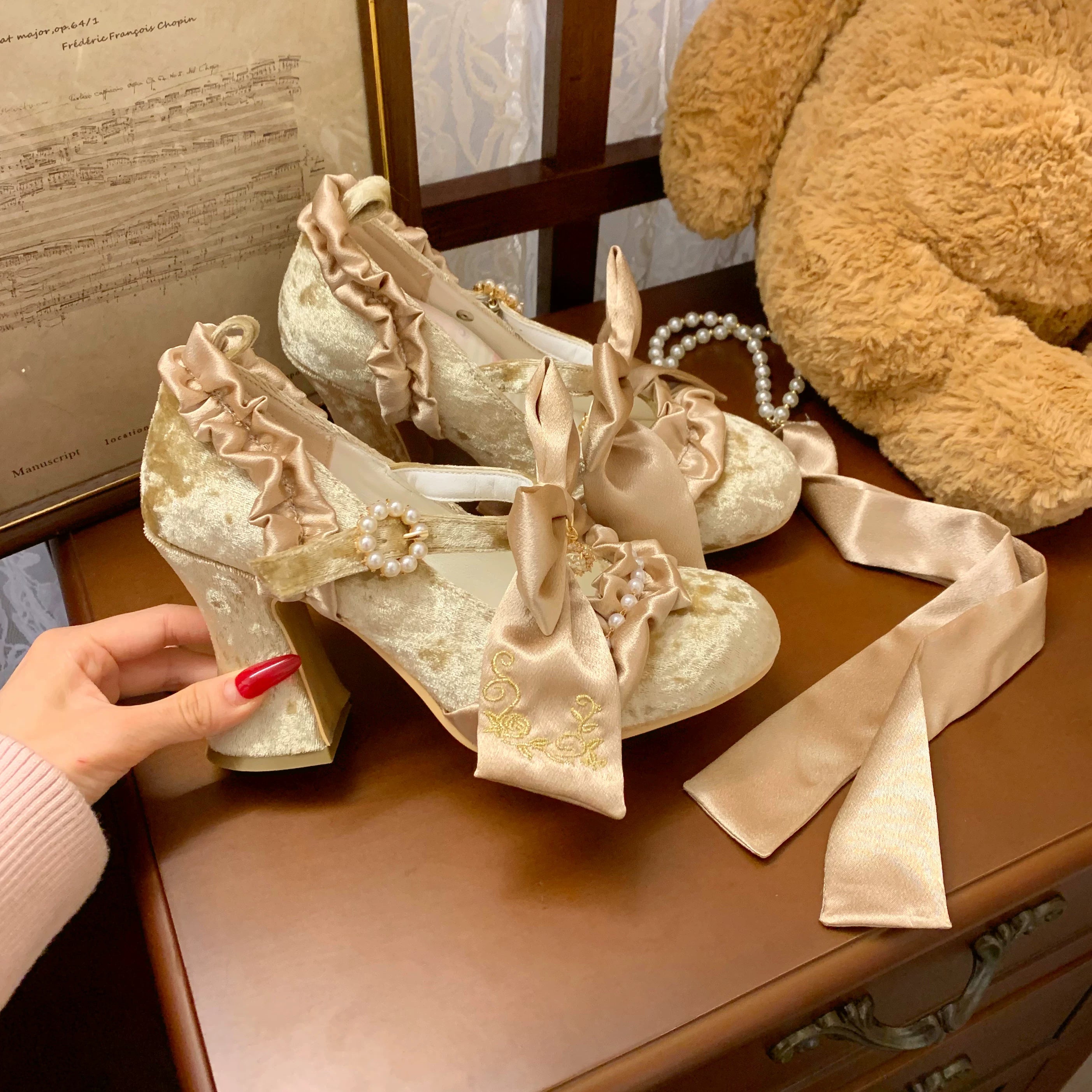 Ribbon Anthem - Wedding Classic Lolita Heels, Detachable Bow & Pearl Ribbon 44844:825883