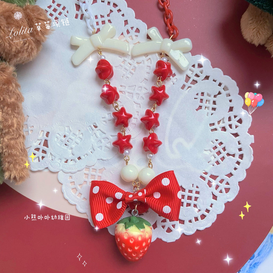 Bear Doll~Sweet Lolita Strawberry Necklace Red Polka Dot Bow Sweater Chain   