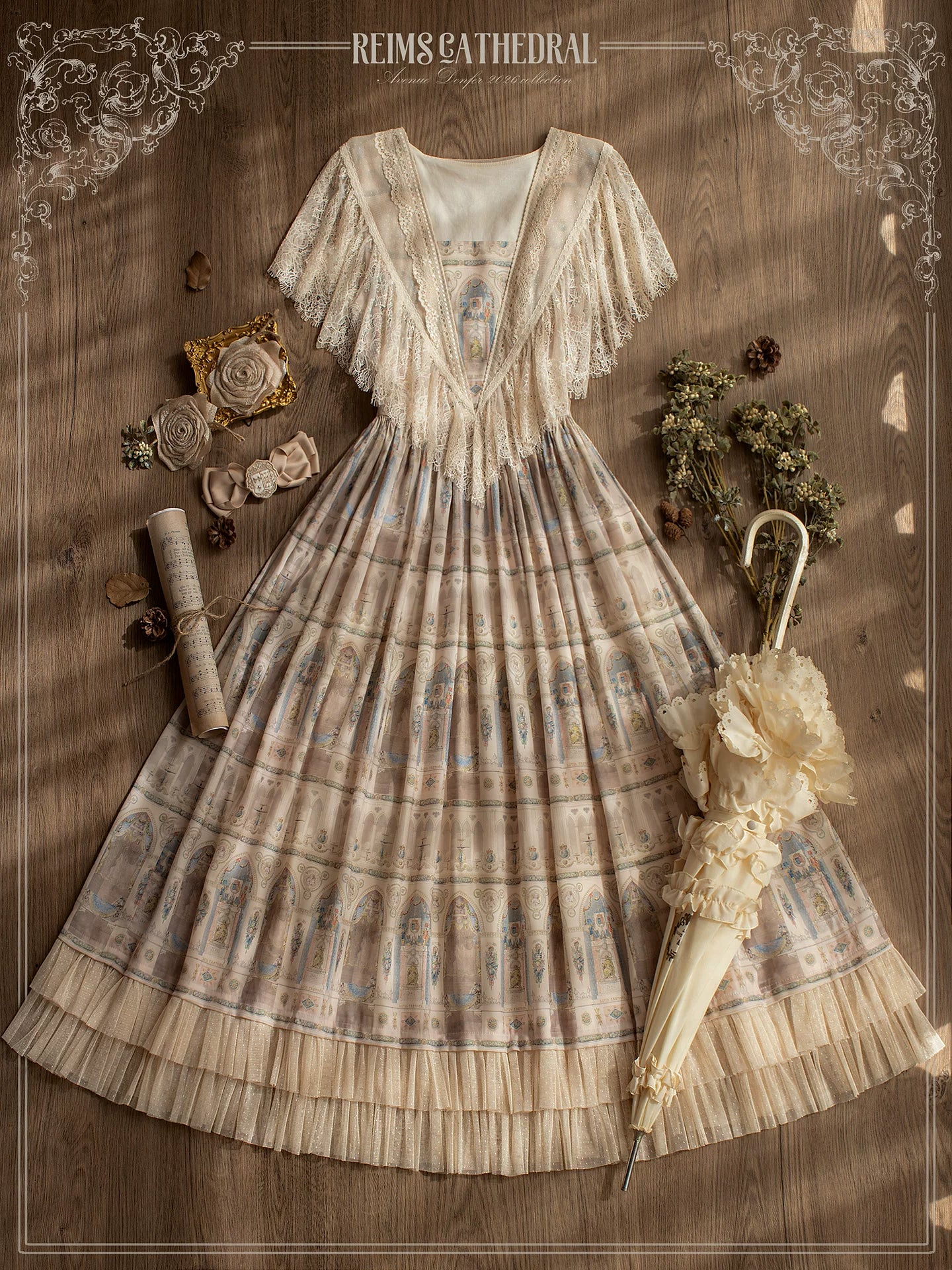 Reims Cathedral - Printed Classic Lolita Dress, Detachable Gauze Outlayer 44701:819192