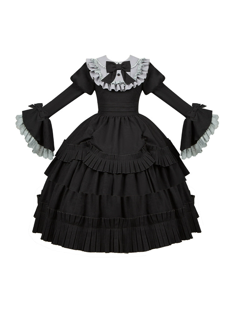 With PUJI~Midnight Chronicles~Black Old School Lolita OP Dress with Princess Sleeve