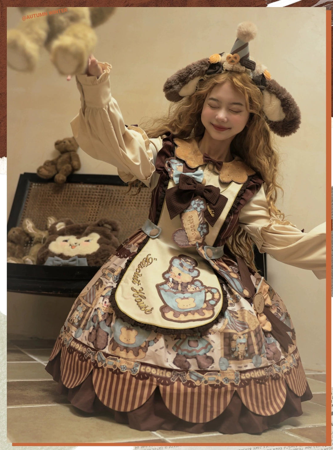 Star Fantasy~Bear Biscuit~Sweet Lolita Dress Winter Lolita OP and Salopette S OP KC Full Set-beige color