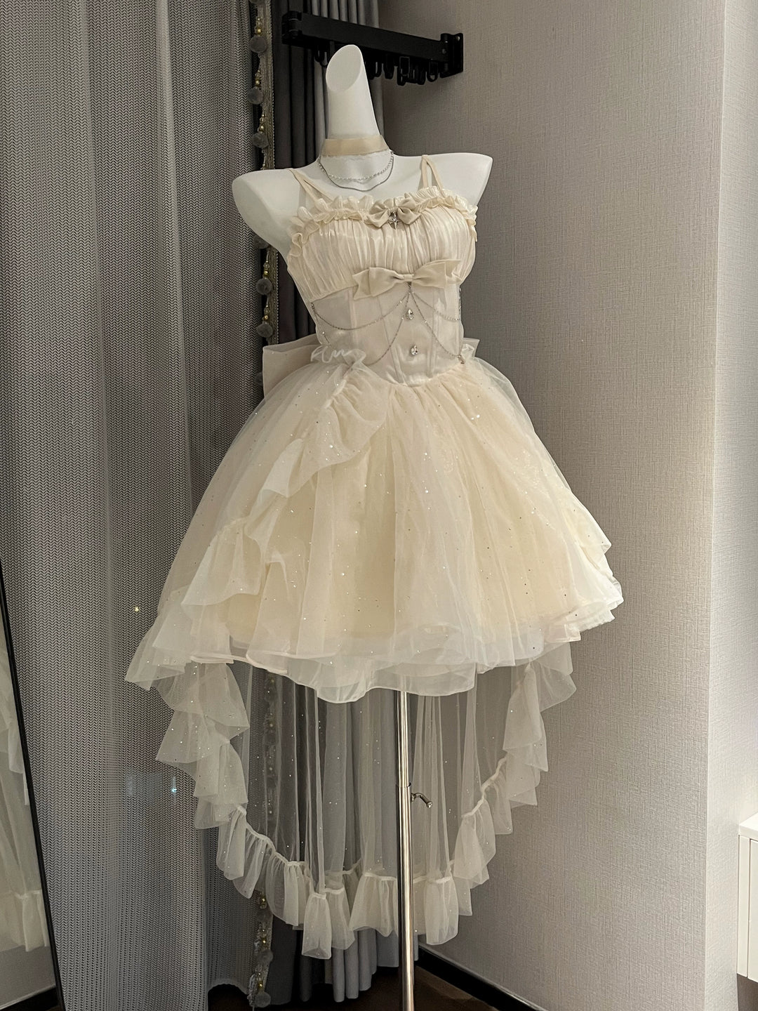 (BFM)Platycodon House~Polaris~Luxury Lolita Dress Star Tulle Princess Lolita Gown Pre-order (1-2 months before shipping) XS apricot full set (dress + trailing + chocker)
