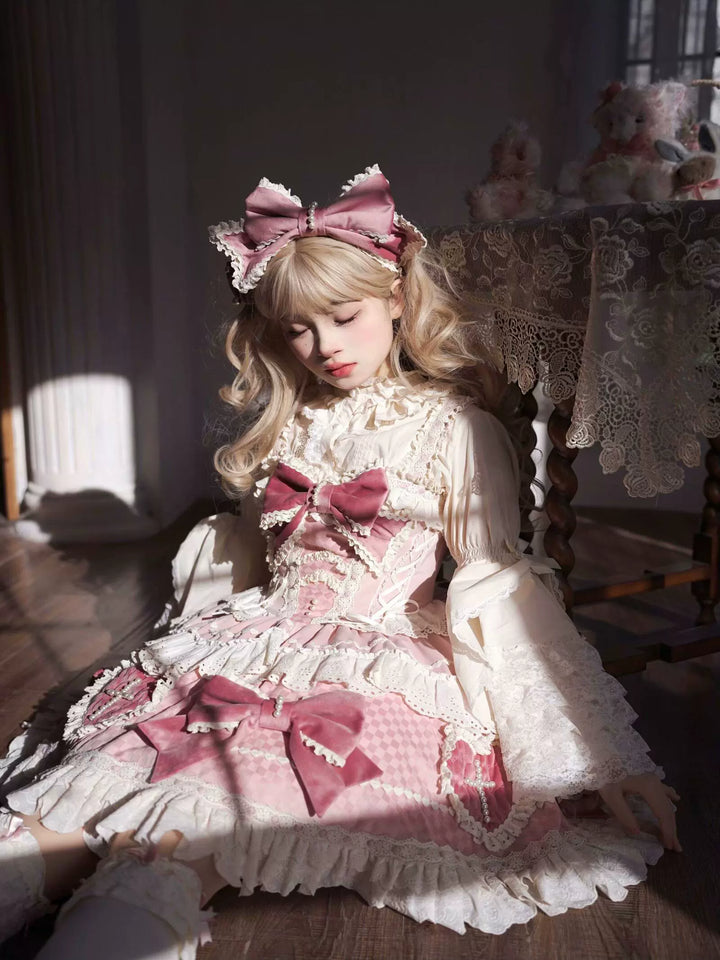 Sakurahime~Cross Sweetheart~Pink Sweet Lolita JSK Dress Doll Lolita Short Dress