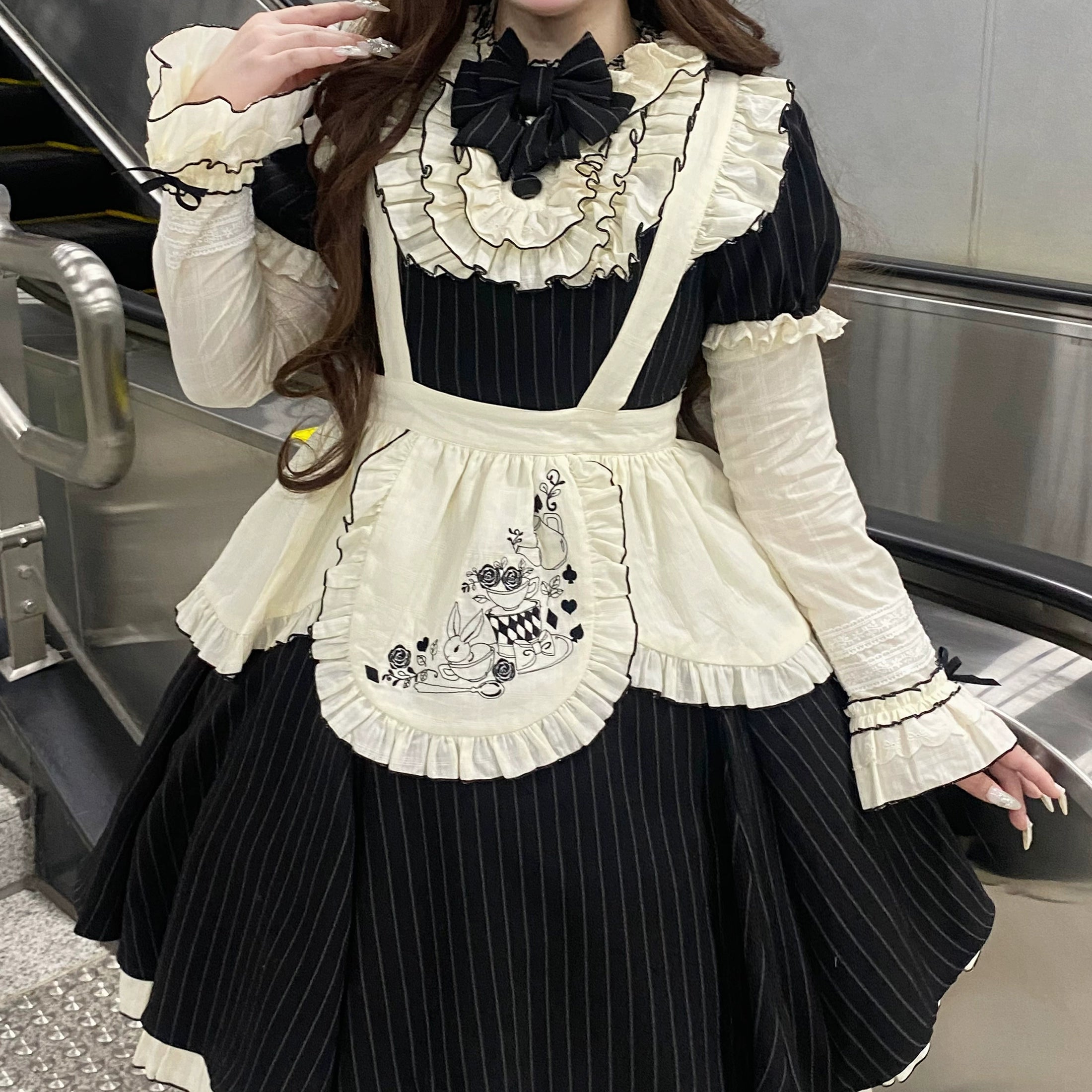 Chubby Cat Diary - Afternoon Tea - Striped Sweet Lolita OP, Petal-Ruffled Apron 44318:804526