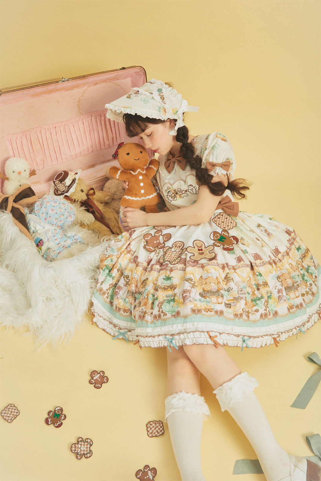 Babyblue~Little Bear Honey Jar~Kawaii Lolita Short Sleeve OP Gingerbread Man Embroidered Dress   