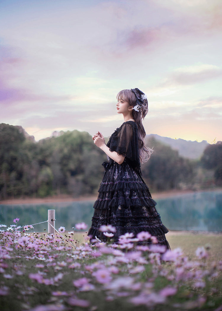 Avenue Denfer~Floral Veil~Elegant Lolita JSK Suit Floral Print Dress and Tulle Shawl