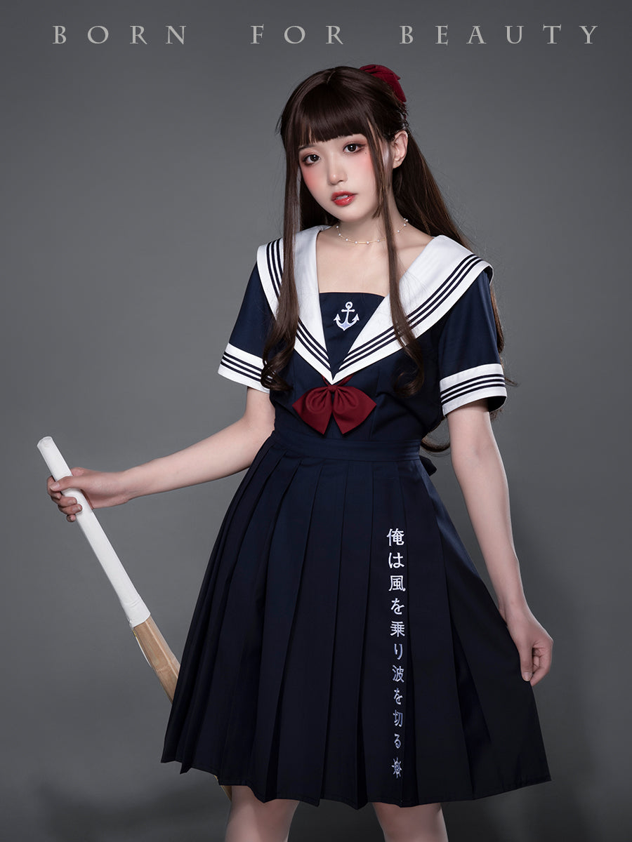 (Buyforme)Youpairui~Amatsukaze~JK Uniform Lolita Sailor Collar OP S navy blue dress white collar (with embroidery on hemline ) 