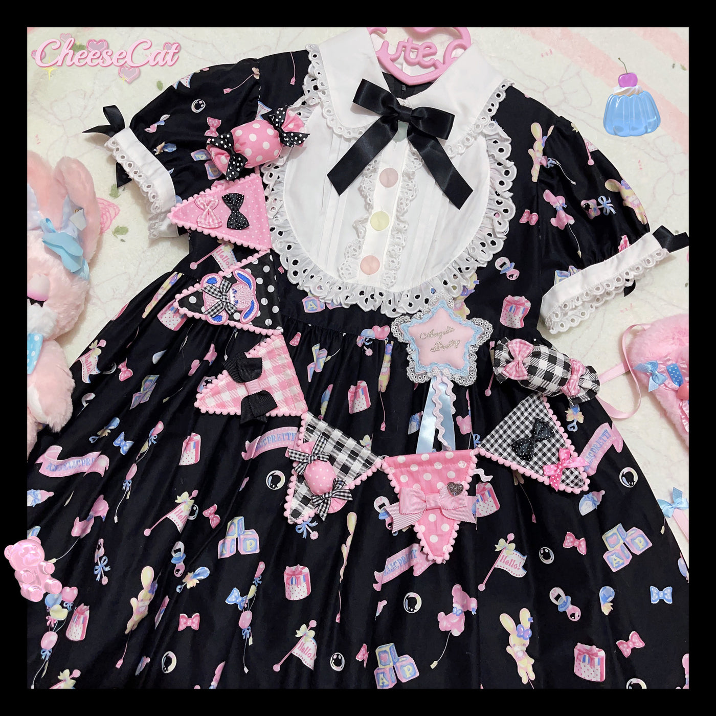 (Buyforme)Cheese Cat~Sweet Lolita Plaid Candy Bow Flags Brooch black-pink flags( brooch)  