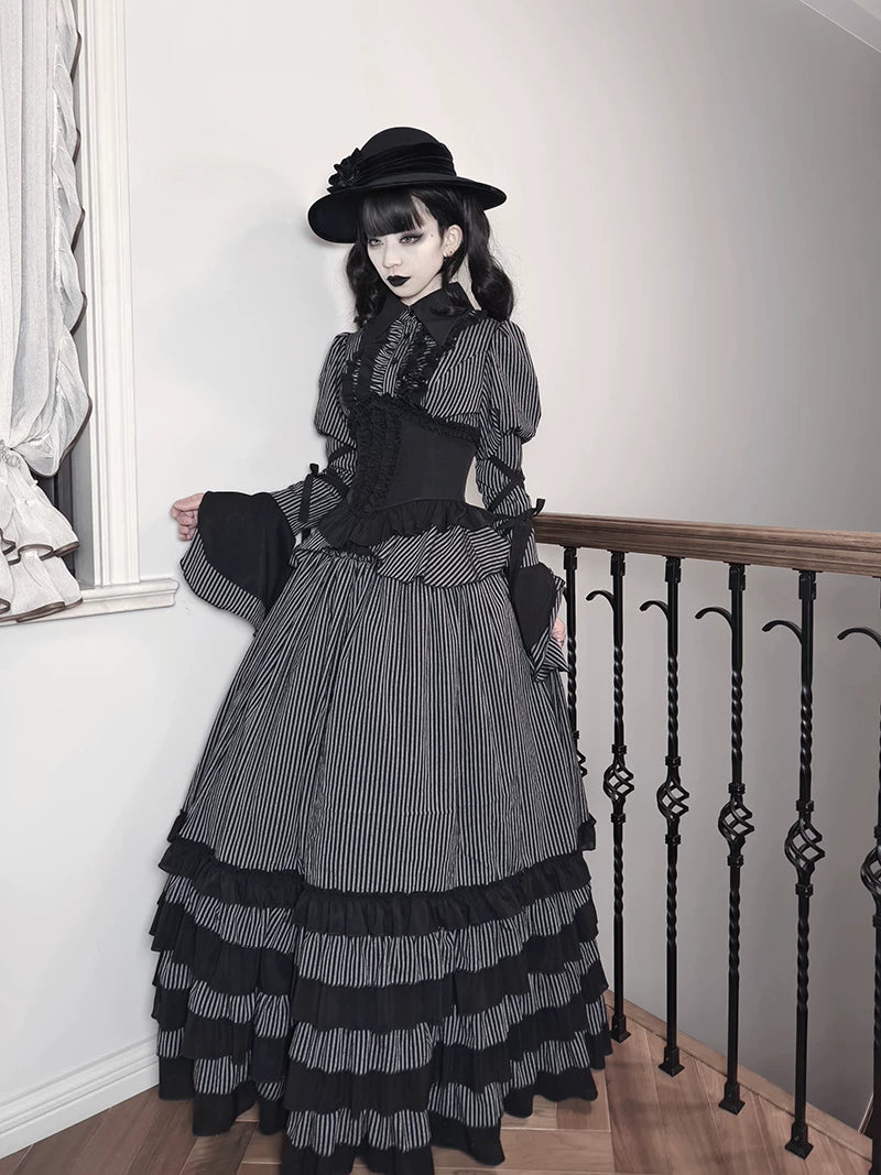 Striped Wednesday - Gothic Lolita Striped Blouse Set, Ruffled Corset 45176:838935