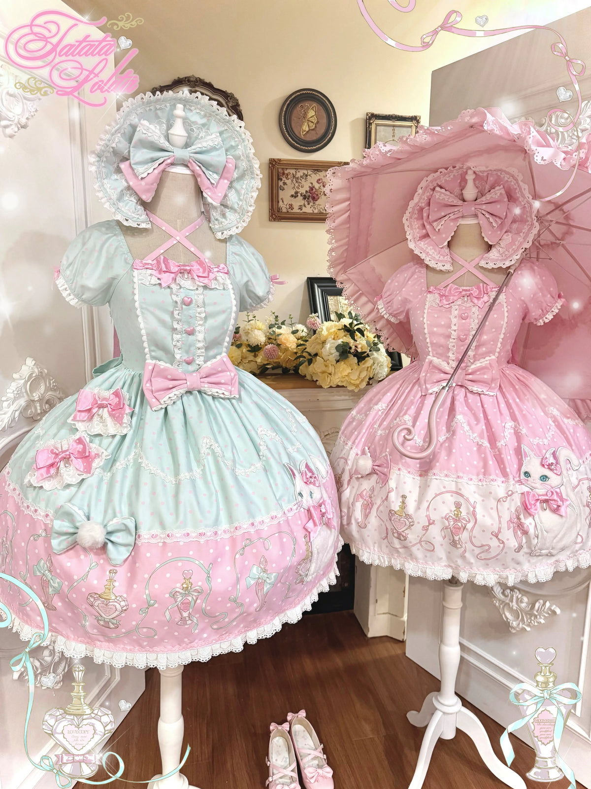 Perfume Kitty - Cotton Old School Lolita OP Dress, Perfume Print & Cat Patch 46037:873516
