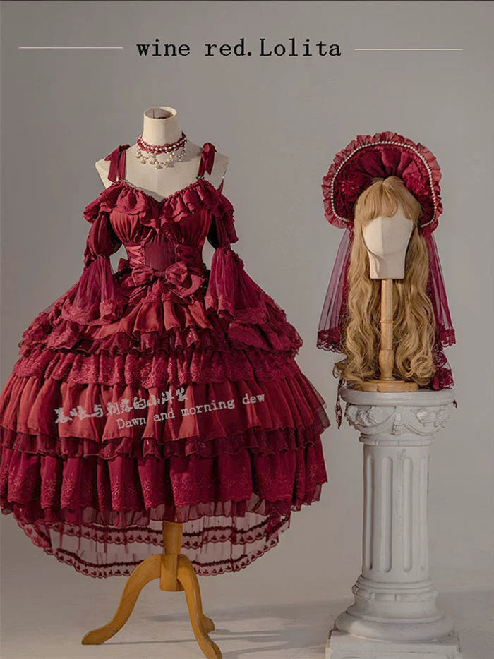Dawn and Morning - Elegant Lolita OP Dress Sunrise Elf Long Dress S Morning Elf Set (Red full set)
