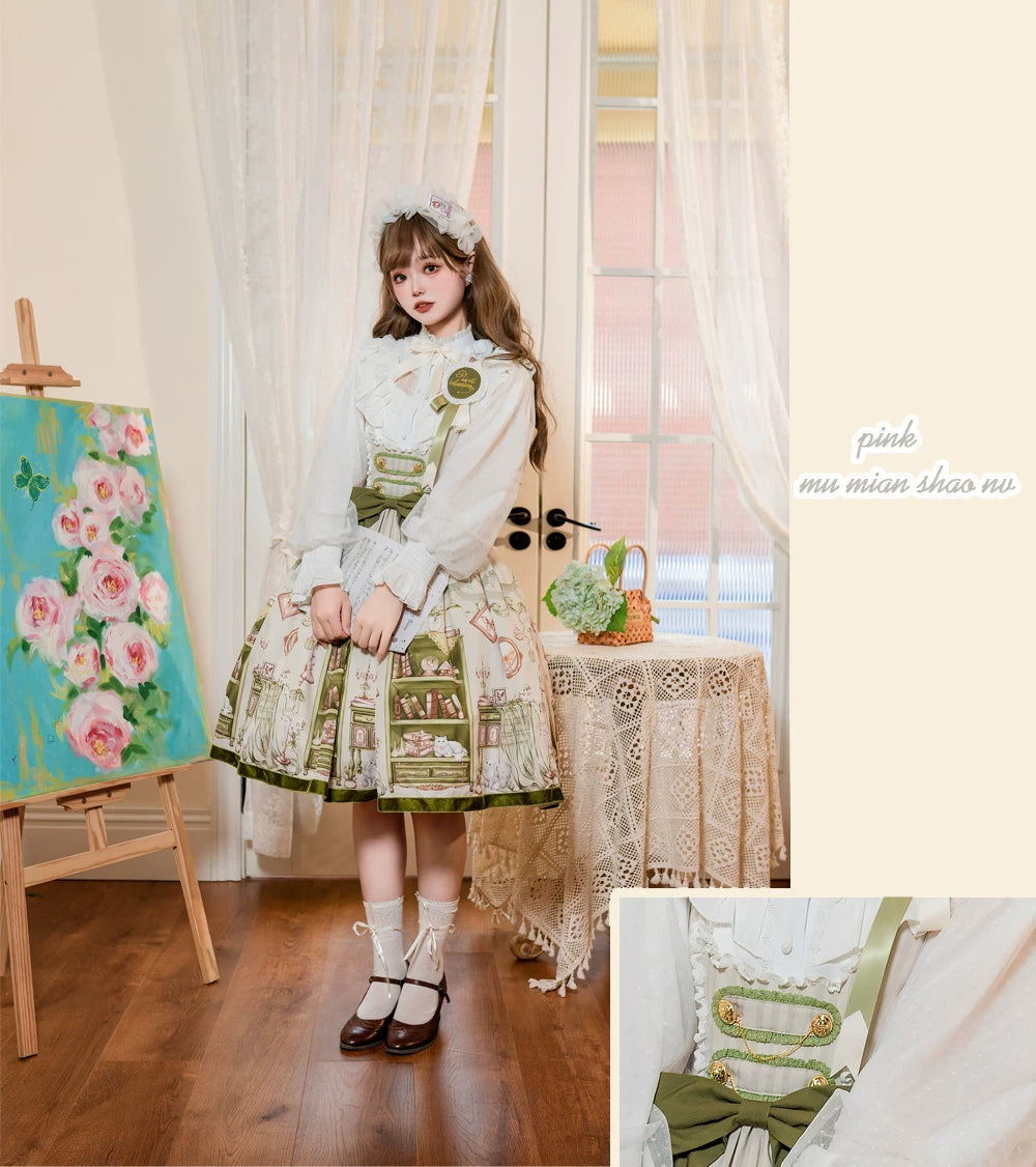Aurora's Bookroom - Classic Lolita Bust-support JSK Dress with Bookstore Print