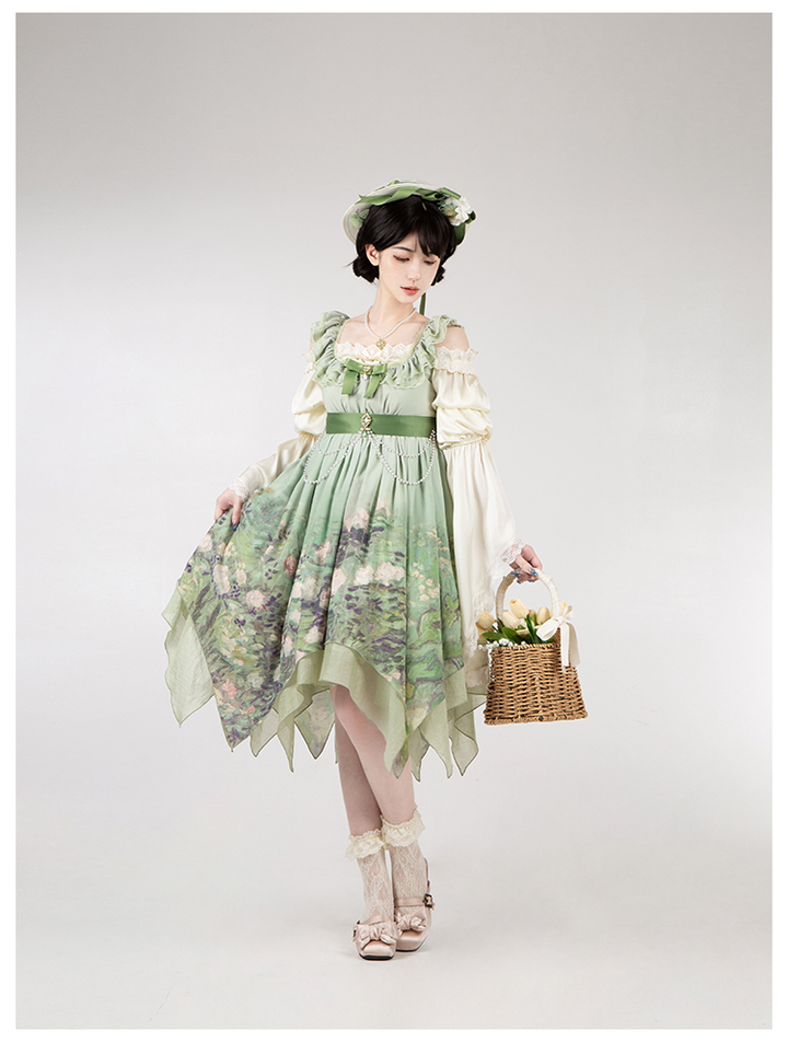 With PUJI~Blooming Rose~Chiffon Classic Lolita Dress Set Painting Styled OP & JSK 42925:758699