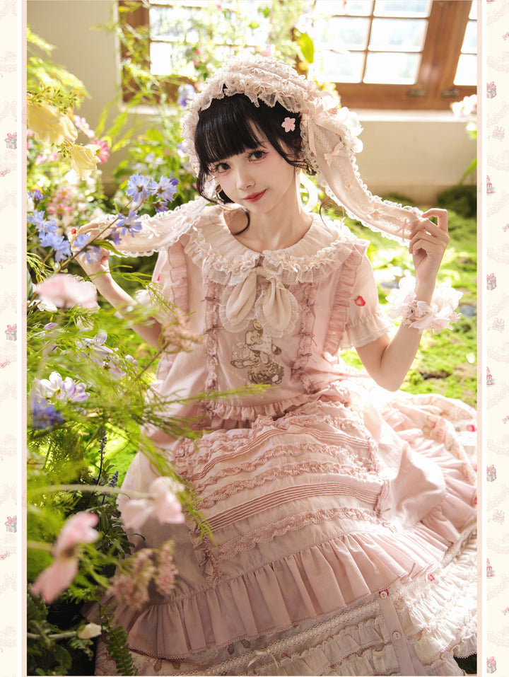 MEEKWIND~Dessert Bunny~Kawaii Lolita Dress Suit Bunny Printed OP and Tiered Ruffle JSK Ivory S Bunny ear hairband only