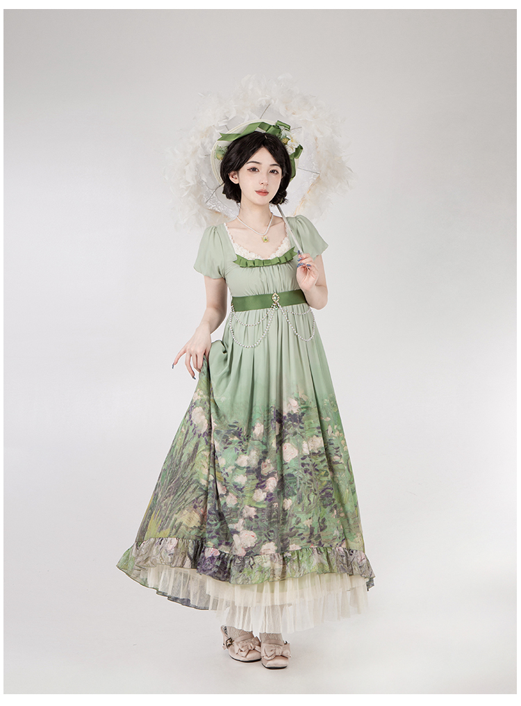 With PUJI~Blooming Rose~Chiffon Classic Lolita Dress Set Painting Styled OP & JSK