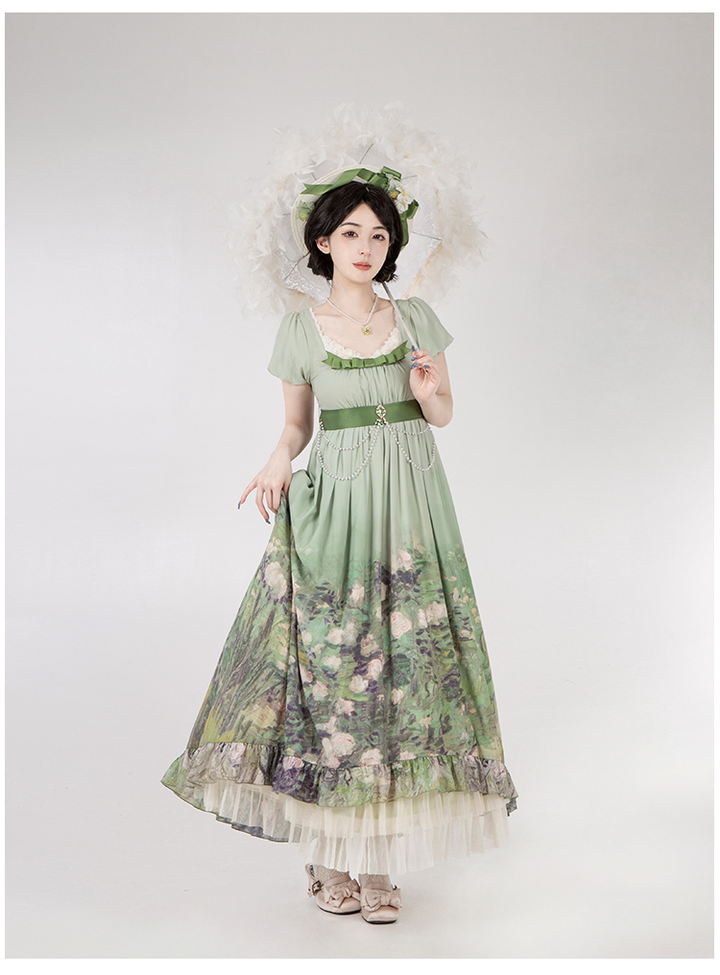 With PUJI~Blooming Rose~Chiffon Classic Lolita Dress Set Painting Styled OP & JSK