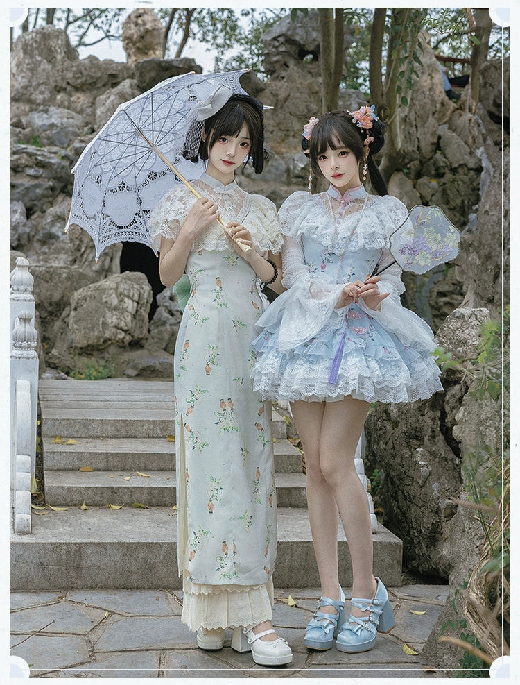 With PUJI~Qi Lolita OP Suit Twins Lolita Chinese Dress Set