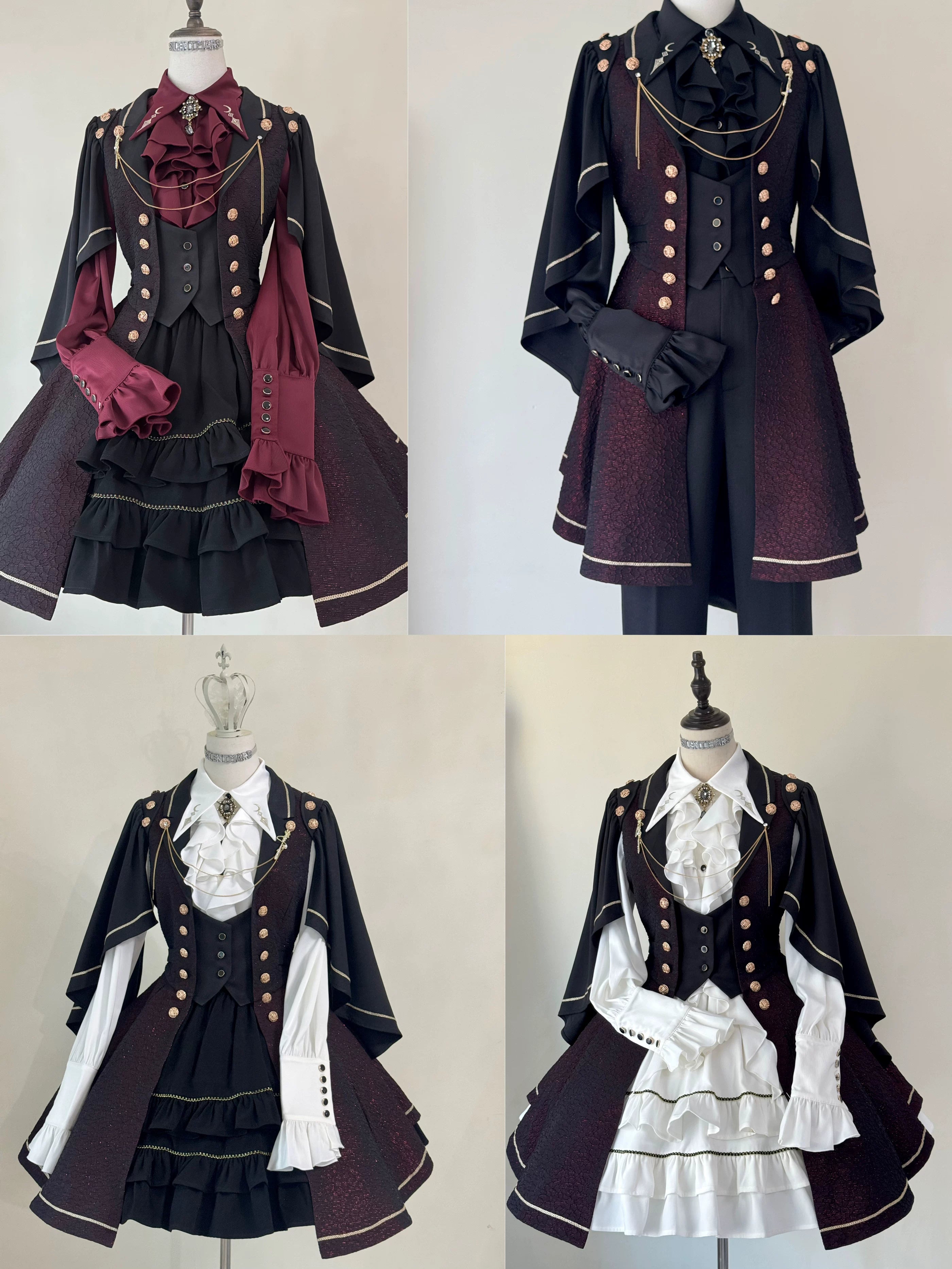Fallen Moon Code - Retro Military Lolita Capelet-Sleeve Set: Vest, Skirt & Pants