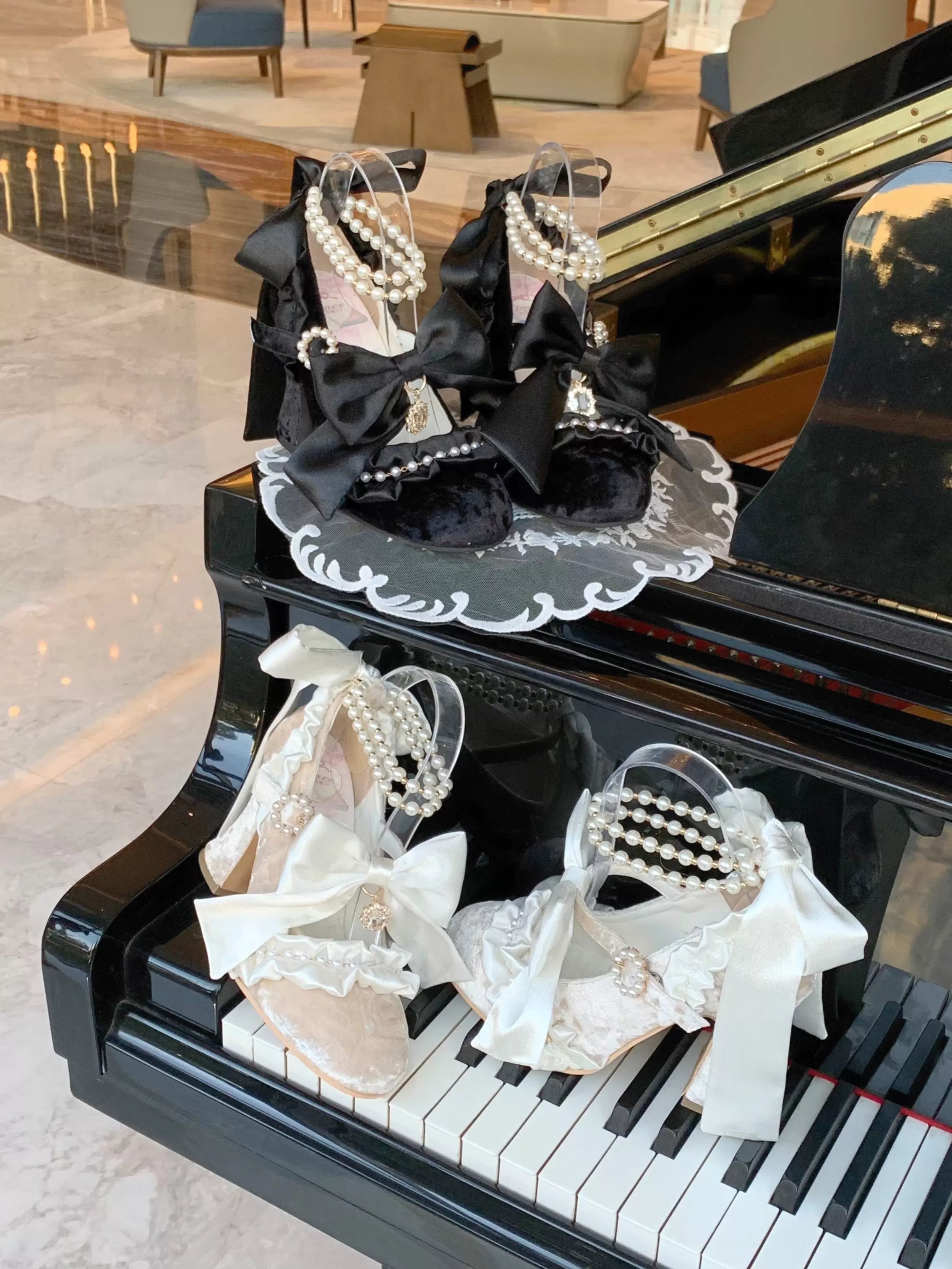 Ribbon Anthem - Gorgeous Classic Lolita Heels, Detachable Bow & Pearl 44639:815862