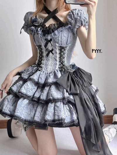 Xingweimian~Medea's Kiss~Gothic Lolita OP Dress Short-Sleeved Black-blue Dress Set S a pair of cuffs 