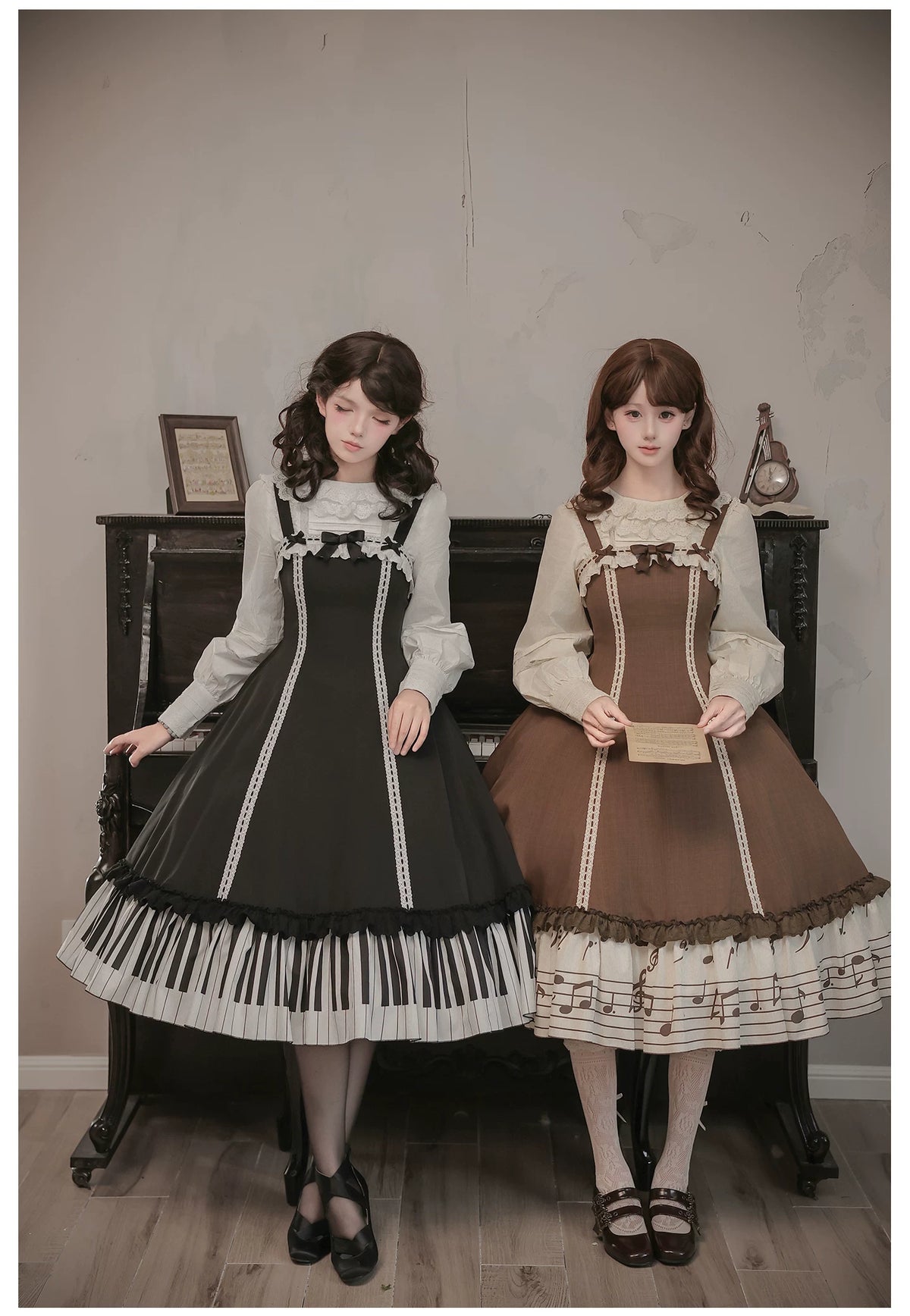 Solo Moment - Classic Lolita JSK & Blouse Dress Set, Piano Keys Print 45940:869031