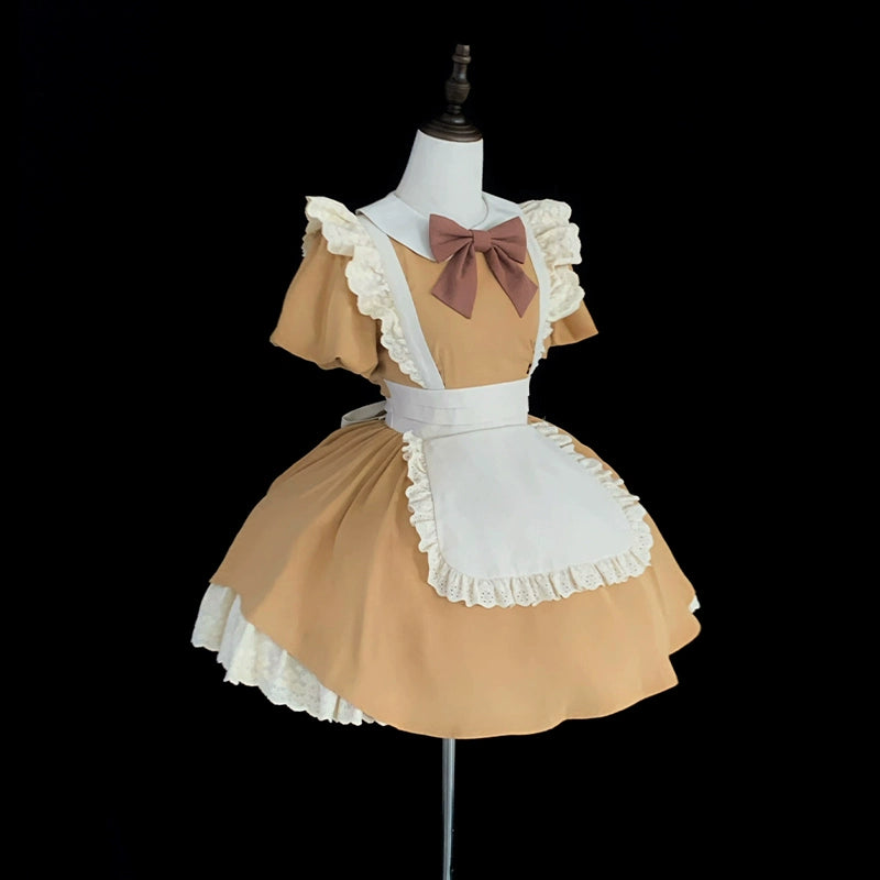 With PUJI~KissKiss~Maid Lolita OP Dress Pleated Lace Multicolor Dress S Khaki OP + brown bow 