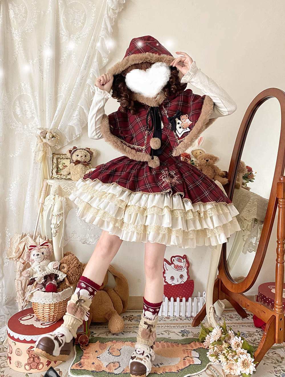 OCELOT - Kurikuma Cocoa - Christmas Plaid Lolita JSK, Hooded Cape 44202:799739