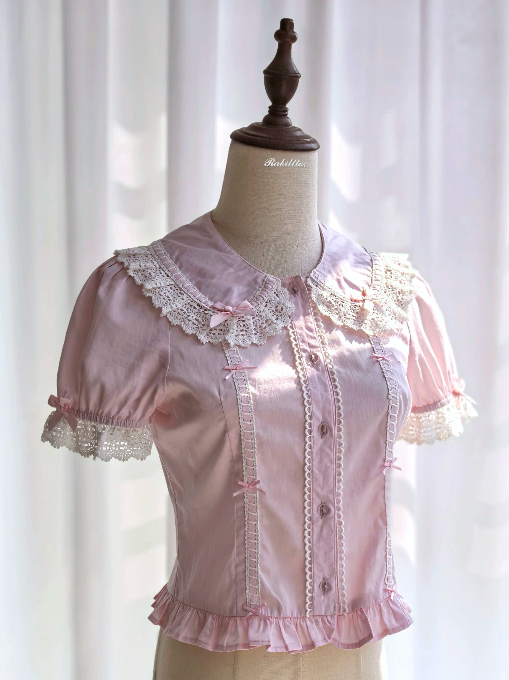 Yarn-Woven Doll Clothing - Old School Lolita Cotton JSK, Peter Pan Collar Blouse Pink and White XS Blouse Only