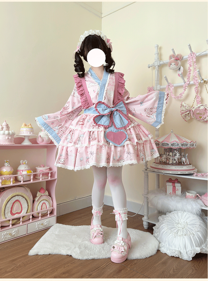 Niu Niu~Showa Moe Bear~Plus Size Wa Lolita Dress Set Kawaii Lolita SK Suit