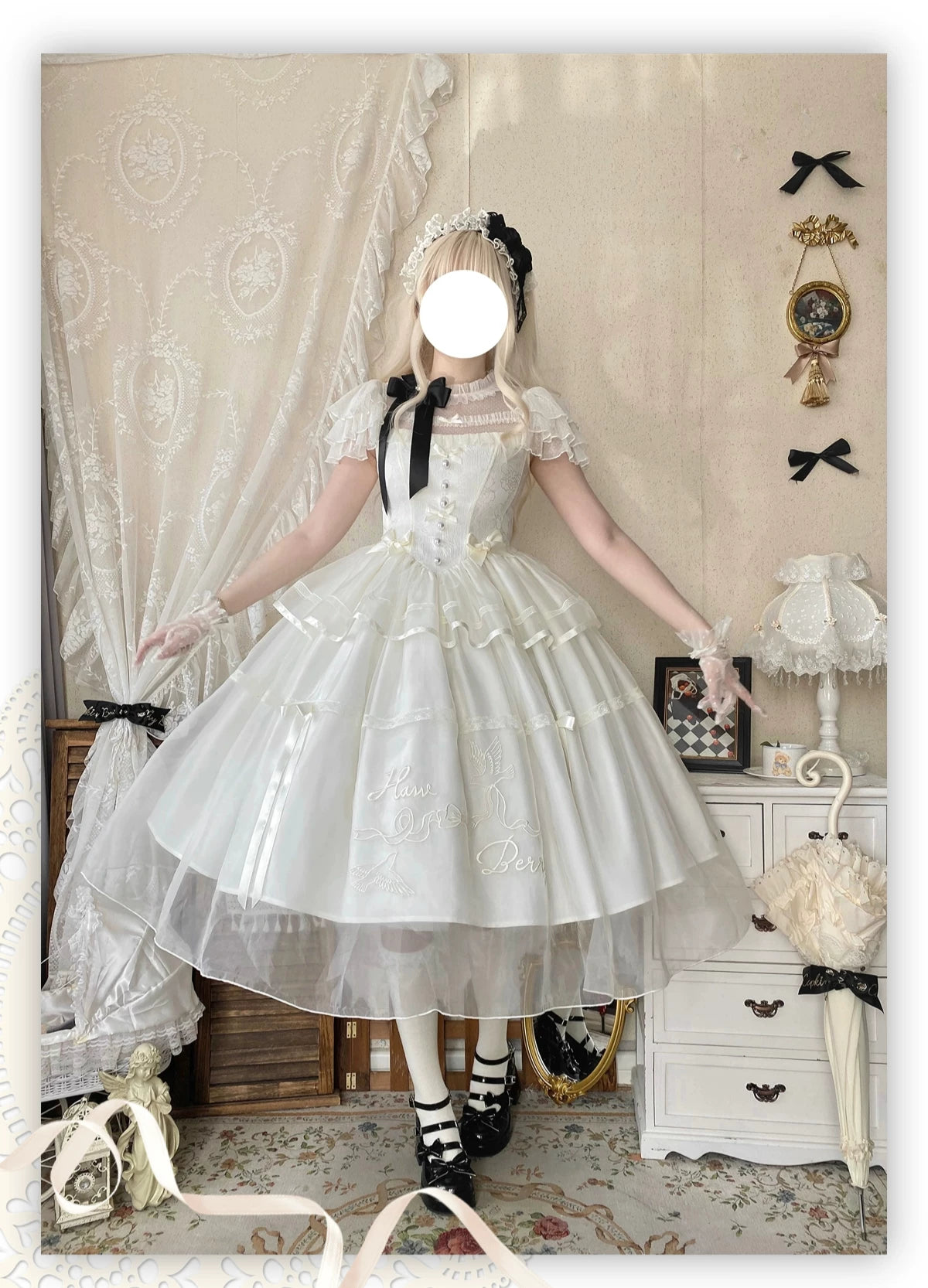 White Bird Love Letter - Classic Lolita Jacquard OP Dress, Embroidered Tulle Hem