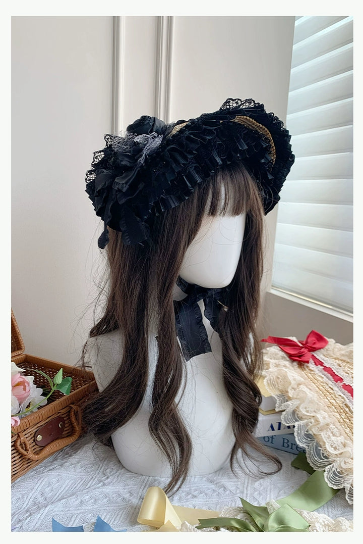 With PUJI~Floral Language~Country Lolita Lace Bow Flat Cap Straw Hat   