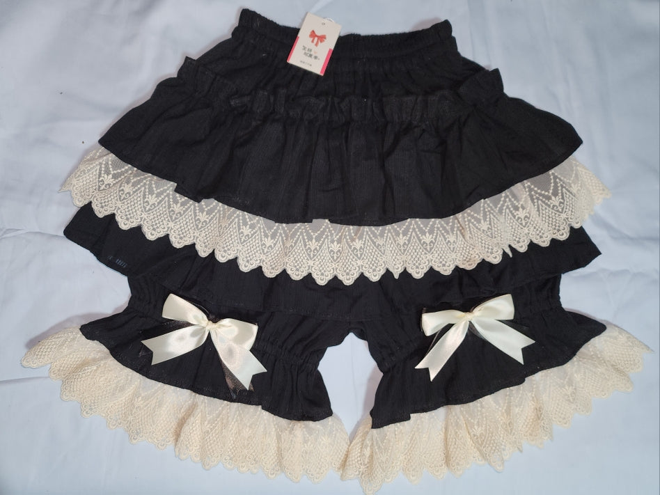 WangYan&Summer - Cotton Lolita Bloomer Jacquard Multi-layer Pumpkin Bloomers Pants One Size Black pants + beige lace + beige bow