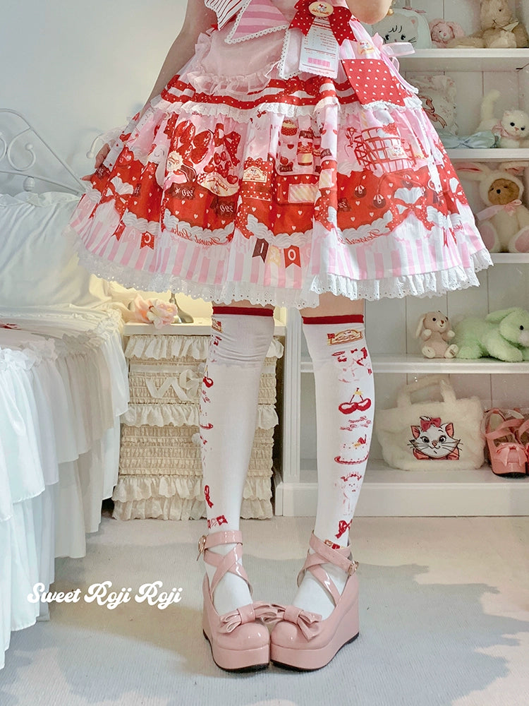 Roji Roji - Sweet Lolita Cotton Socks Japanese Printed Calf Socks a pair of white knee-high socks One Size