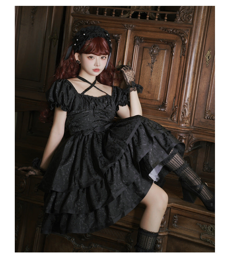 Eieyomi~Thorn Rose~Gothic Lolita Three-layer Ruffle Black OP   