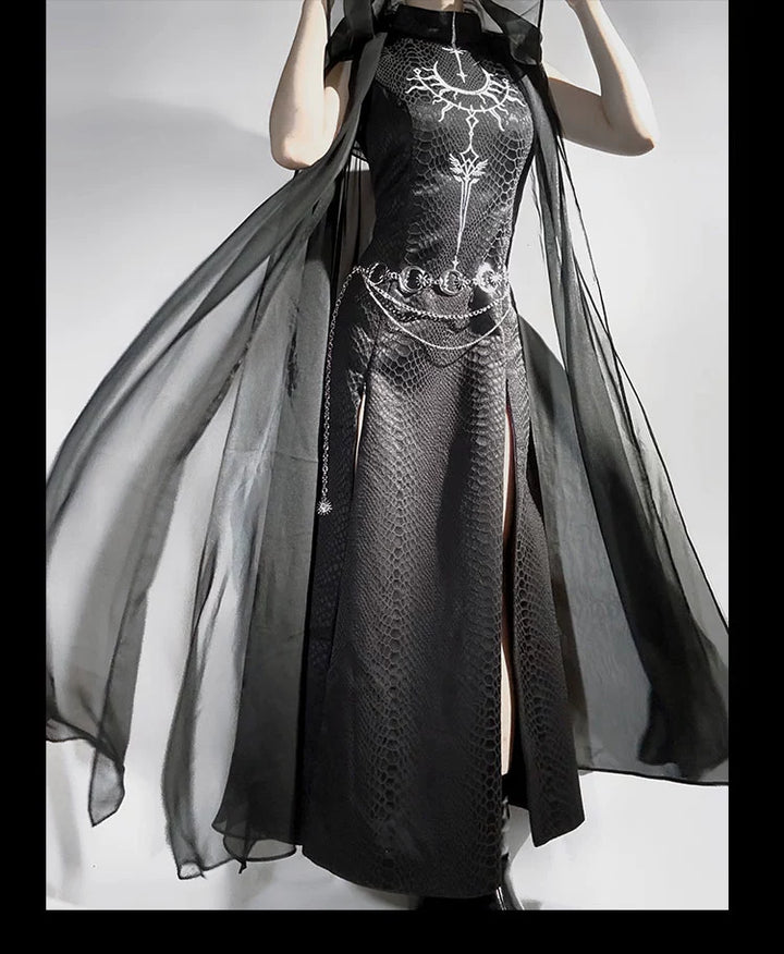 Morning mist and warbler~Oracle~Gothic Lolita JSK Jacquard Dress Cape Holy Set S Black JSK + chiffon shawl 