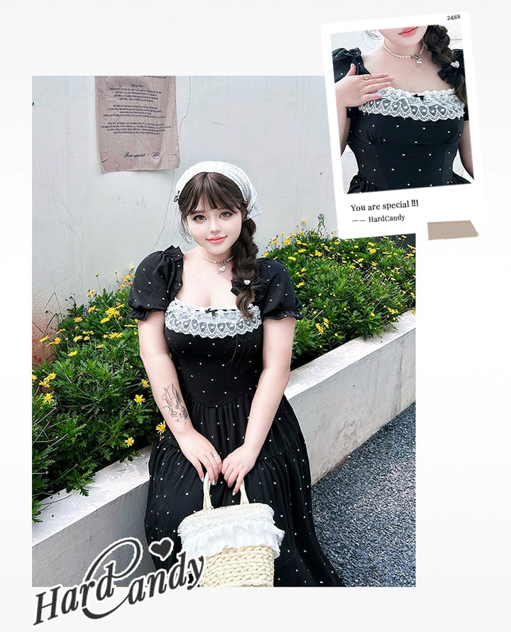Yingtang~Plus Size Lolita Dress Polka Dot White Black Short Sleeve OP   