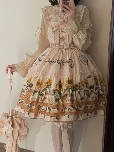 Polaris Lolita~Cat and Sunflower~Sweet Lolita JSK Cat and Sunflower Print Dress and Headdress Set S beige JSK 