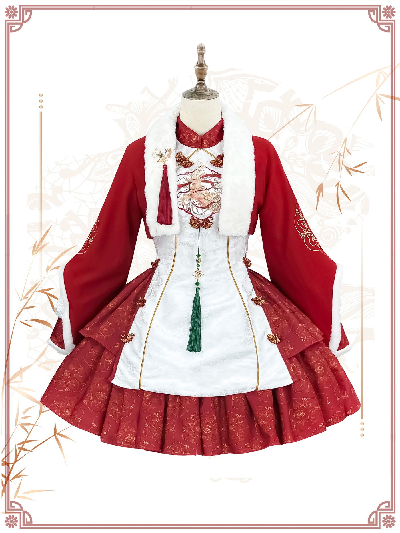 KIYANA~The Joy of Deer Singing~Winter Lolita Cheongsam New Year Chinese style S Full set - white 