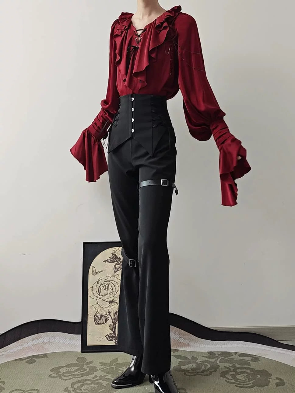 Ouji Lolita V-Line Backless Blouse & Slight Flare Pants 45671:858322