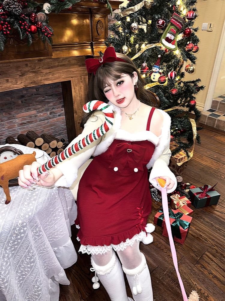 Yingtang~Plus Size Lolita Dress Red Strappy Sweet Cardigan   