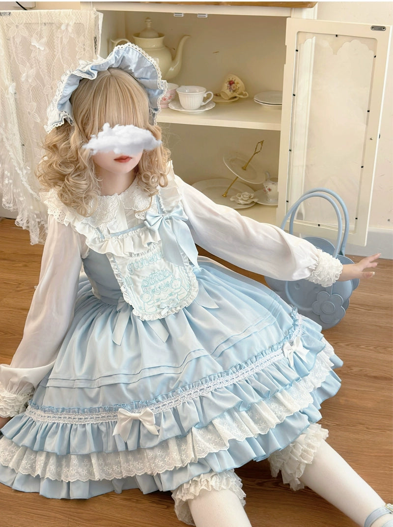 Hanguliang~Sweet Bear~Kawaii Lolita JSK Dress Embroidery Flounce Hem   