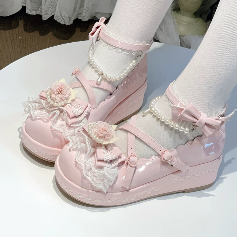 Pearl Floral Reverie - Sweet Lolita Shoes, Detachable Pearl Chain and Floral Accent (34 35 36 37 38 39 40 41) 45531:852237