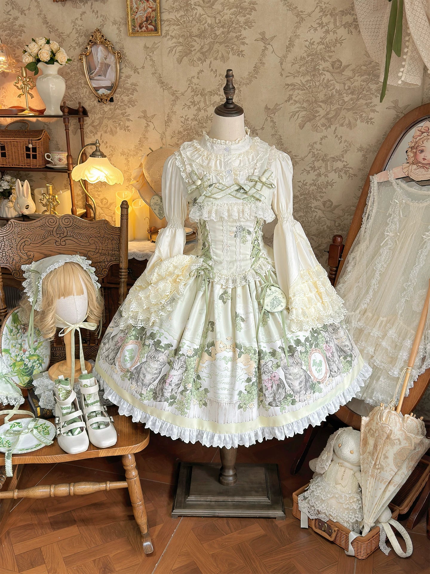 Grape Garden Cat - Classic Lolita Printed JSK Dress, Short Sleeve OP Blouse Only S