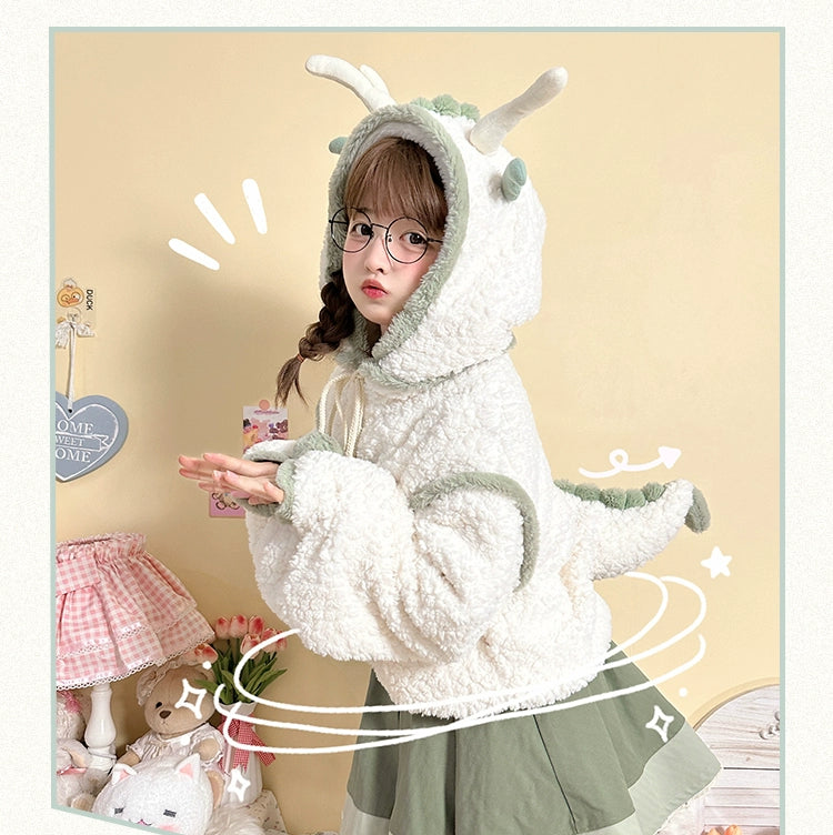 Mewroco~Little Green Dragon~Cute Lolita Coat Plush Short Winter Coat   