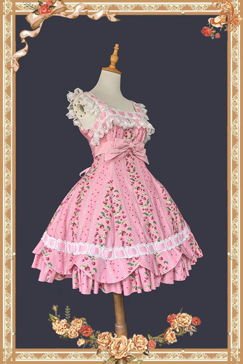 Berries & Strawberry - Old School Lolita JSK Dress Set, Strawberry Print 46097:874964