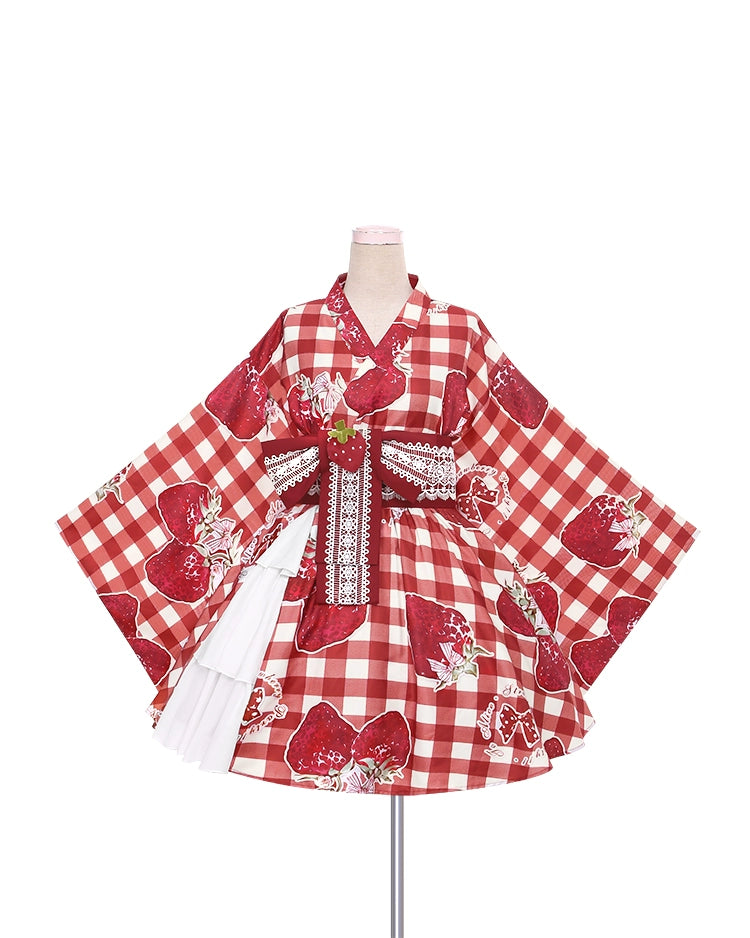 To Alice~Strawberry Party~Wa Lolita SK Set Plaid Coat Kimono Set 0 Burgundy Set(top+skirt+waistband+2 detachable bows) 
