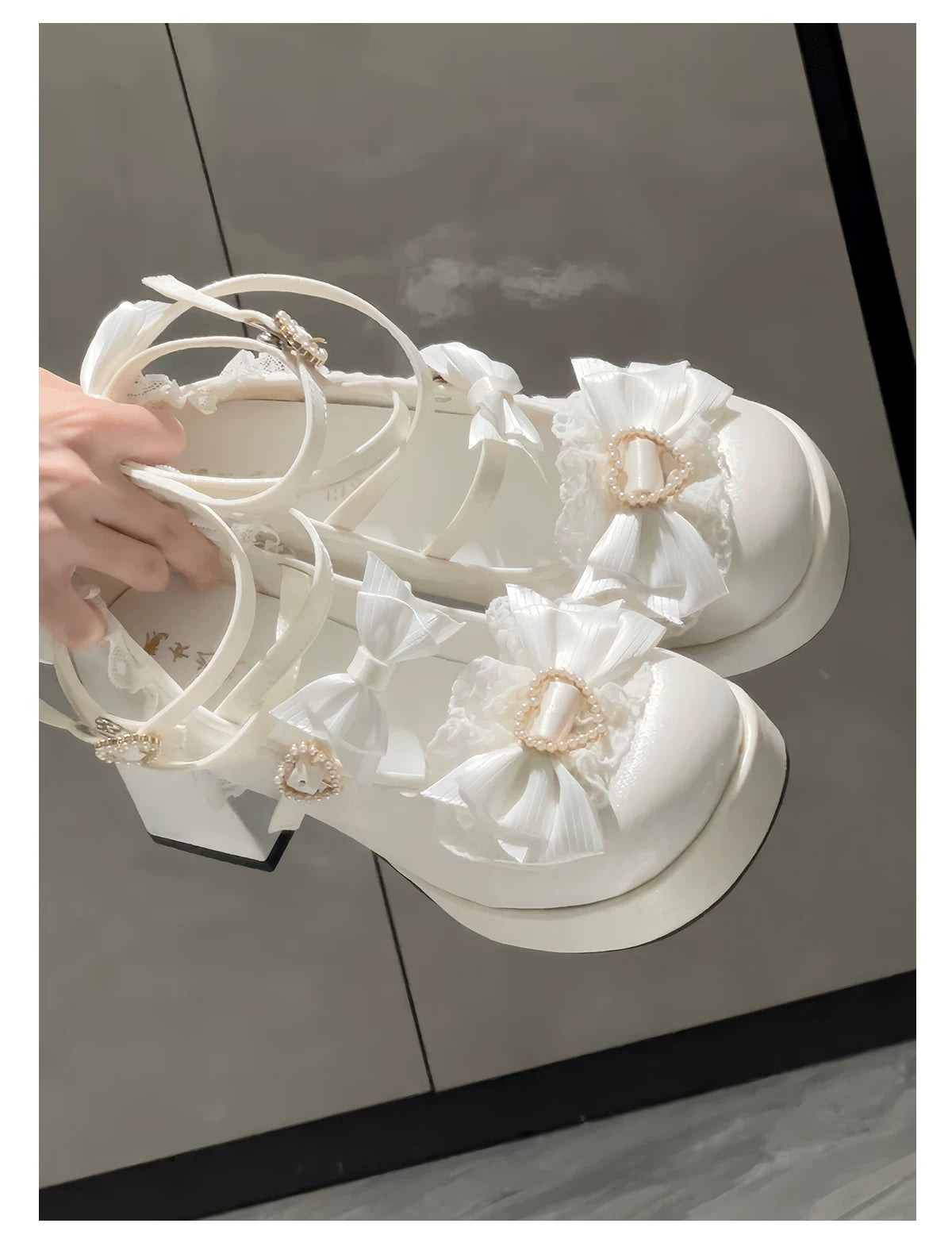 Romance of Hearts - Sweet Lolita Chunky Heeled Shoes, Pearl Heart Accents 45692:859267