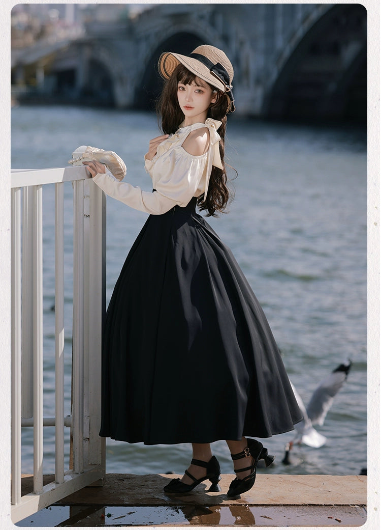 With PUJI~Roman Holiday~Classic Lolita OP Dress Faux Two-Piece Long Sleeve Dress Spring   