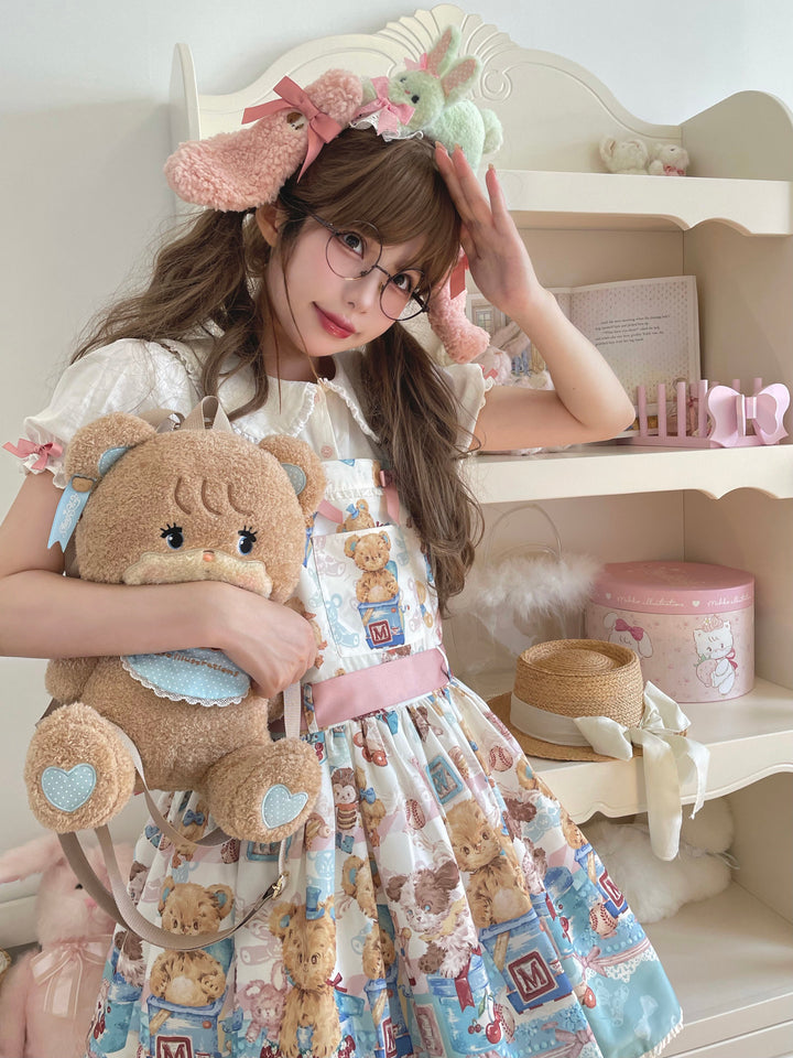 Walnut Museum~Toy Anniversary~Kawaii Lolita Dress Suit Bear Print JSK and Salopette