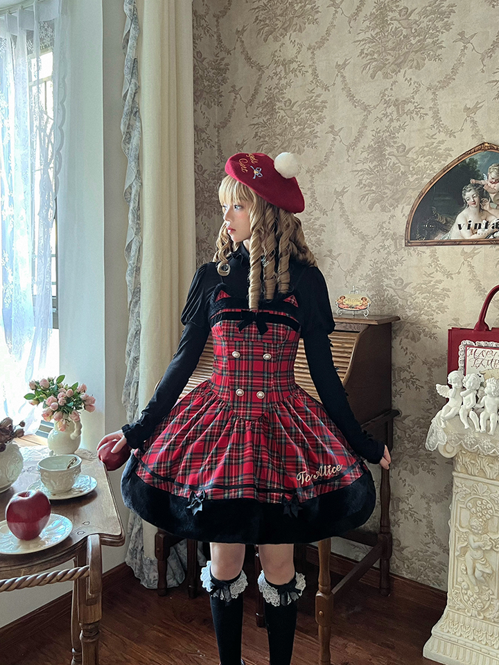 To Alice~Black Cat and Miss~Christmas Sweet Lolita Plaid Dress with Hooded Cape